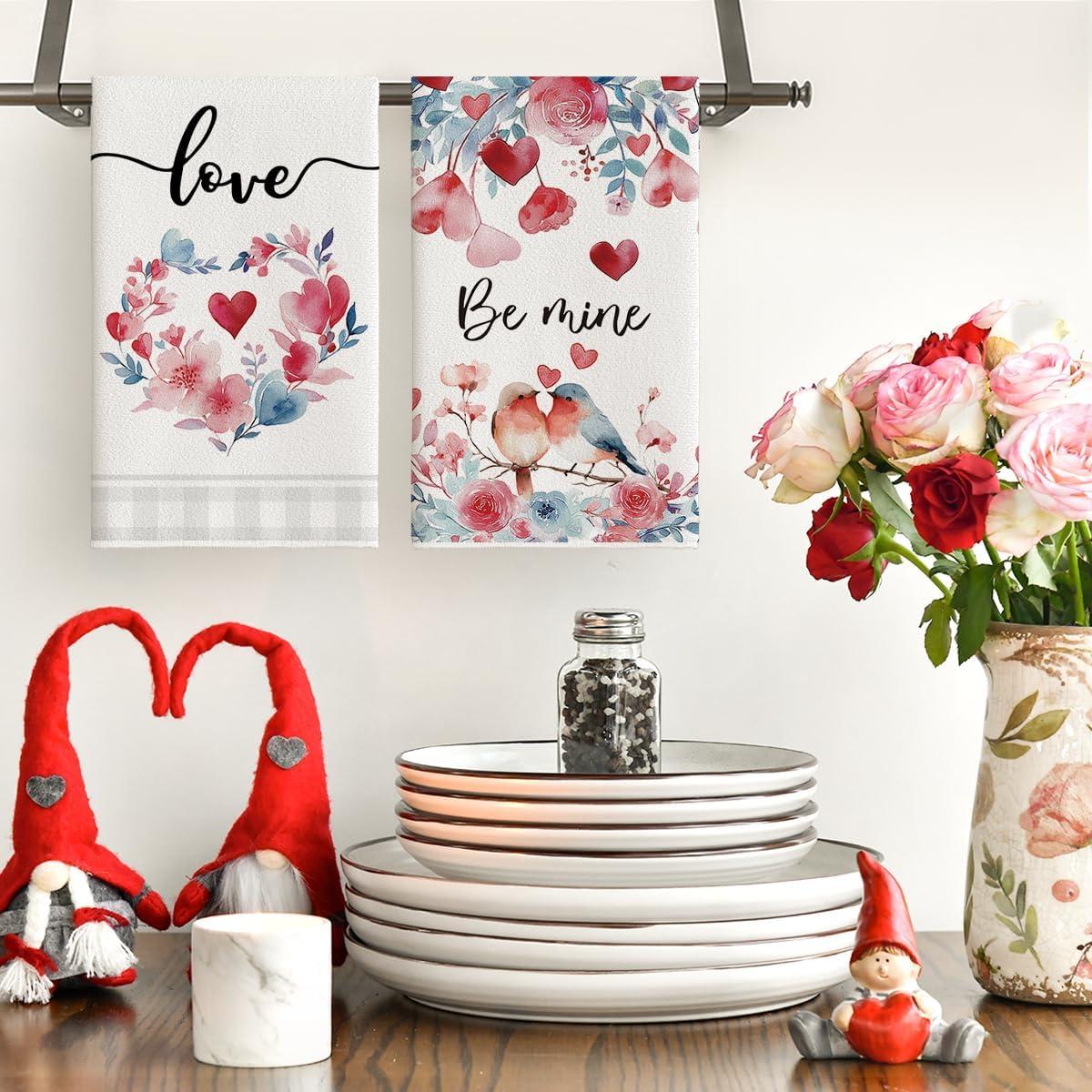 image:imageArtoid Mode Rose Floral Love Heart House Bird Valentines Kitchen Towels Dish Towels 18x26 Inch Farmhouse Wedding Decoration Cleaning Set of 4