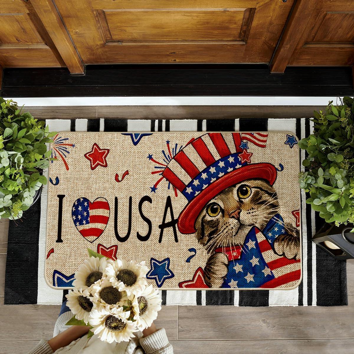 image:imageArtoid Mode Stars Cat Patriotic 4th of July Doormat Memorial Day Home Decor Switch Rug Door Mat Floor Mat for Indoor Outdoor 17x29 Inch