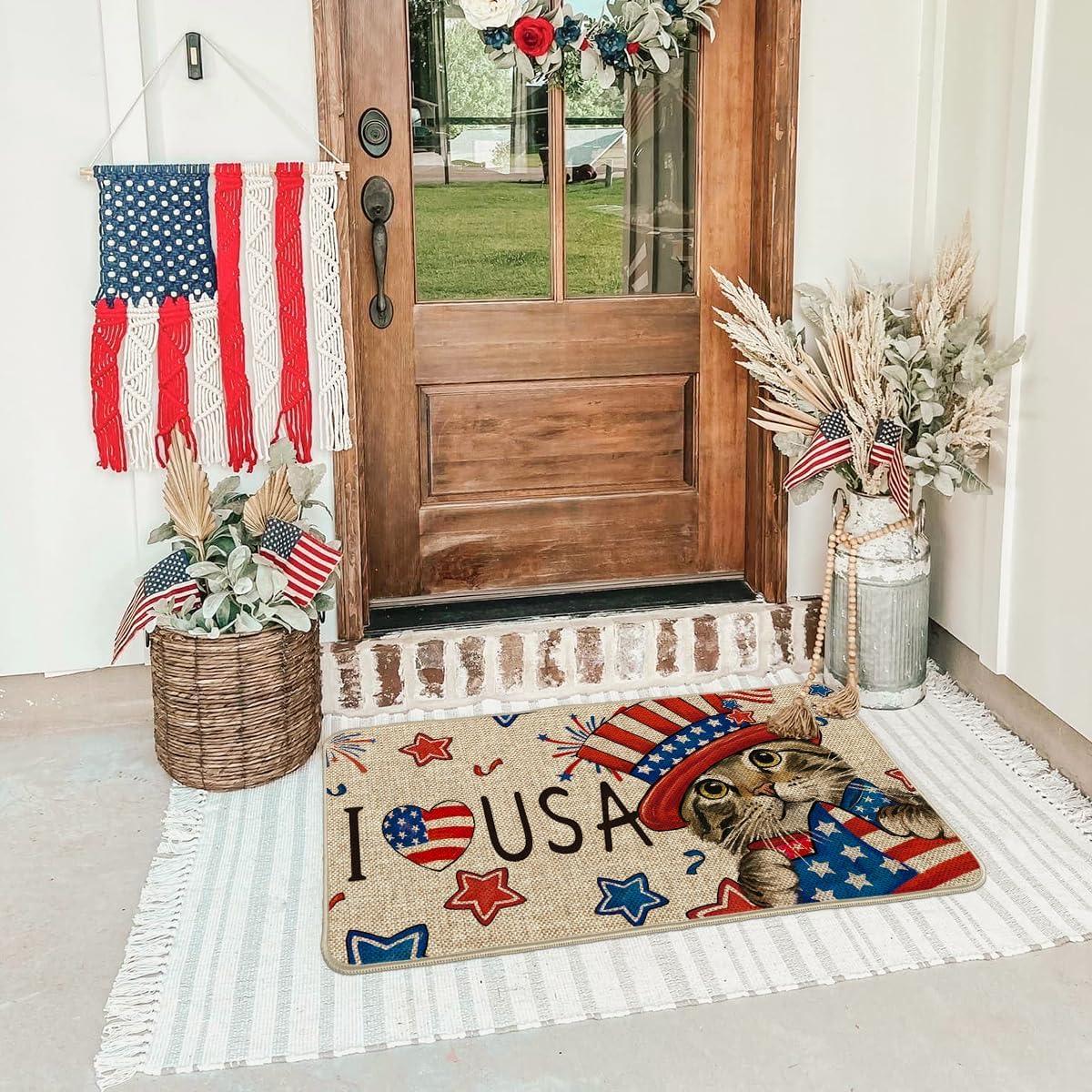 image:imageArtoid Mode Stars Cat Patriotic 4th of July Doormat Memorial Day Home Decor Switch Rug Door Mat Floor Mat for Indoor Outdoor 17x29 Inch