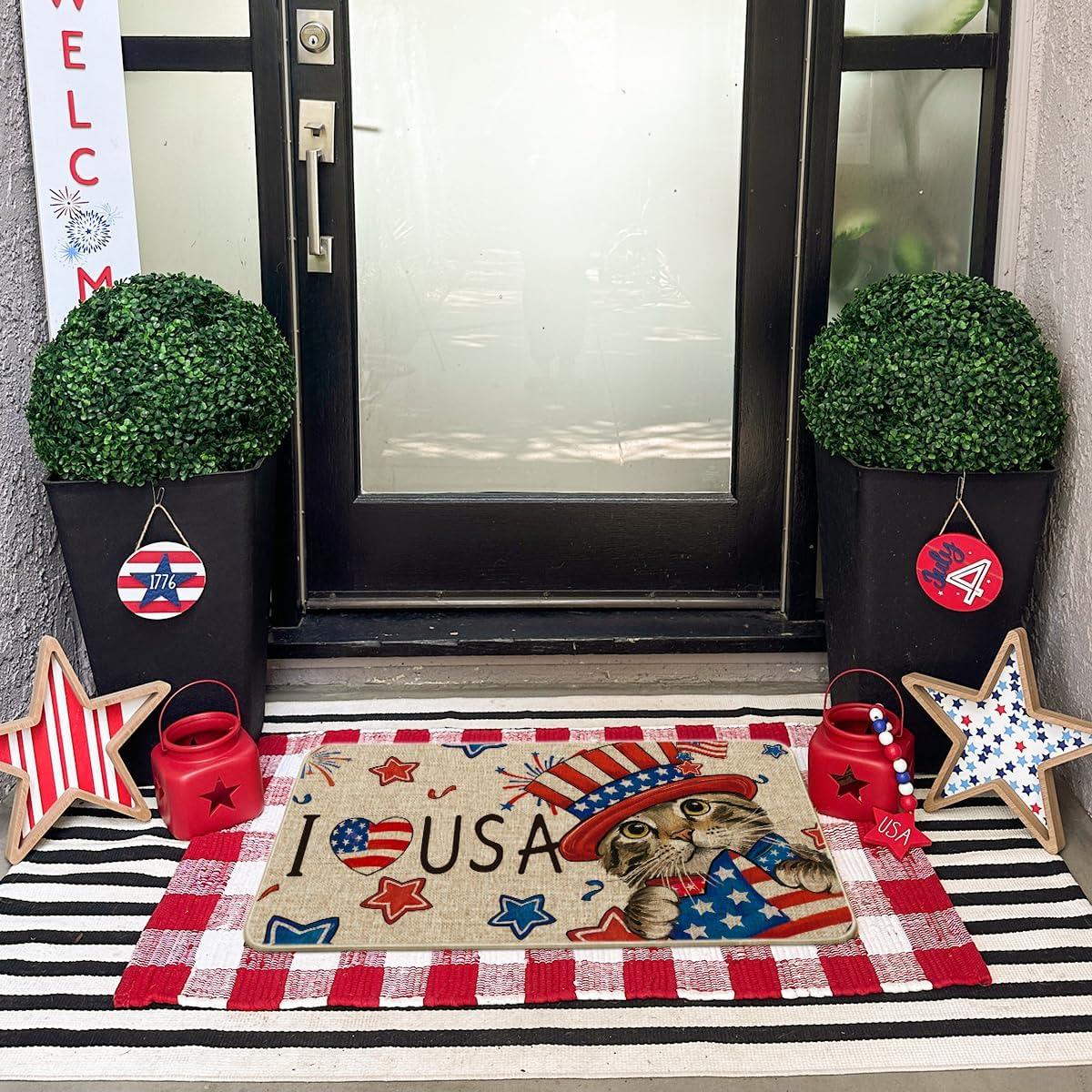 image:imageArtoid Mode Stars Cat Patriotic 4th of July Doormat Memorial Day Home Decor Switch Rug Door Mat Floor Mat for Indoor Outdoor 17x29 Inch