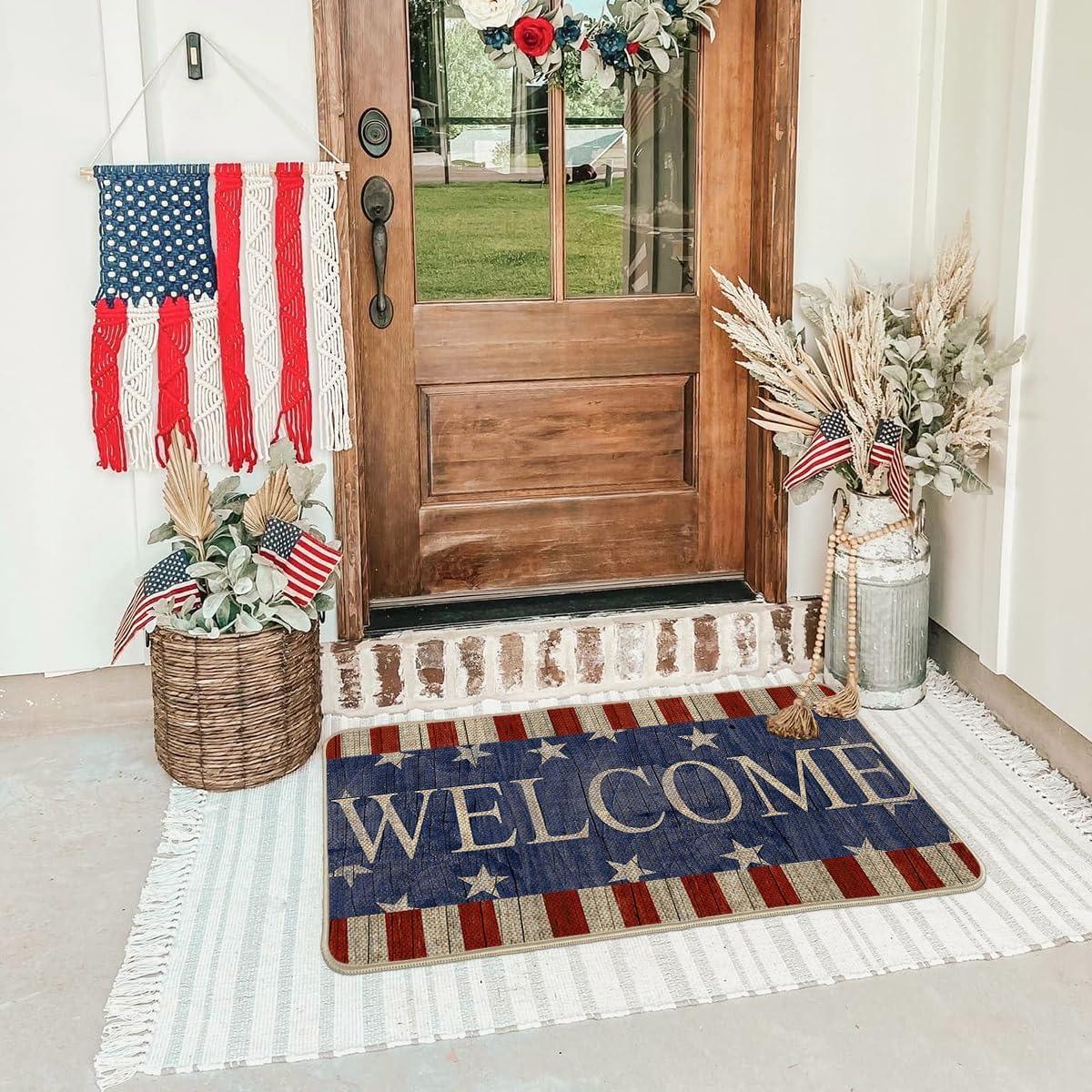 image:imageArtoid Mode Stripes Stars Welcome Patriotic 4th of July Doormat Memorial Day Home Decor Switch Rug Door Mat Floor Mat for Indoor Outdoor 17x29 Inch