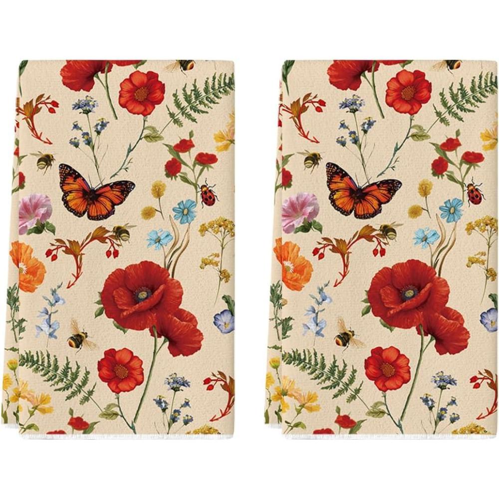 image:imageArtoid Mode Bee Butterfly Floral Spring Kitchen Towels Dish Towels 18x26 Inch Farmhouse Summer Decoration Cleaning Set of 2