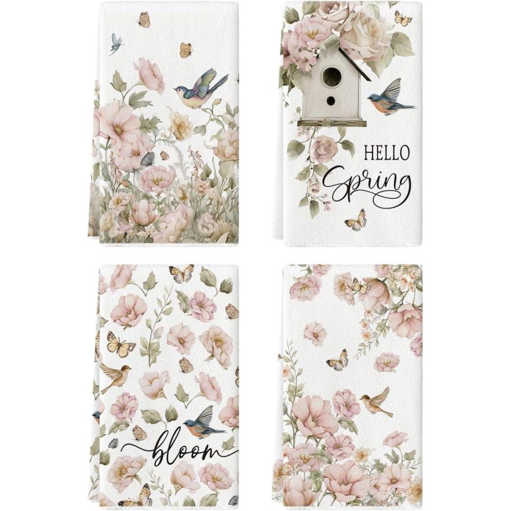 image:imageArtoid Mode Bird House Butterfly Floral Hello Spring Kitchen Towels Dish Towels 18x26 Inch Farmhouse Summer Decoration Cleaning Set of 4
