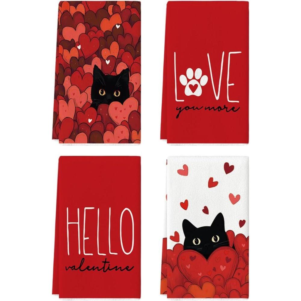 image:imageArtoid Mode Black Cats Pink Hearts Paw Print Valentines Kitchen Towels Dish Towels 18x26 Inch Anniversary Wedding Decoration Cleaning Set of 4Red