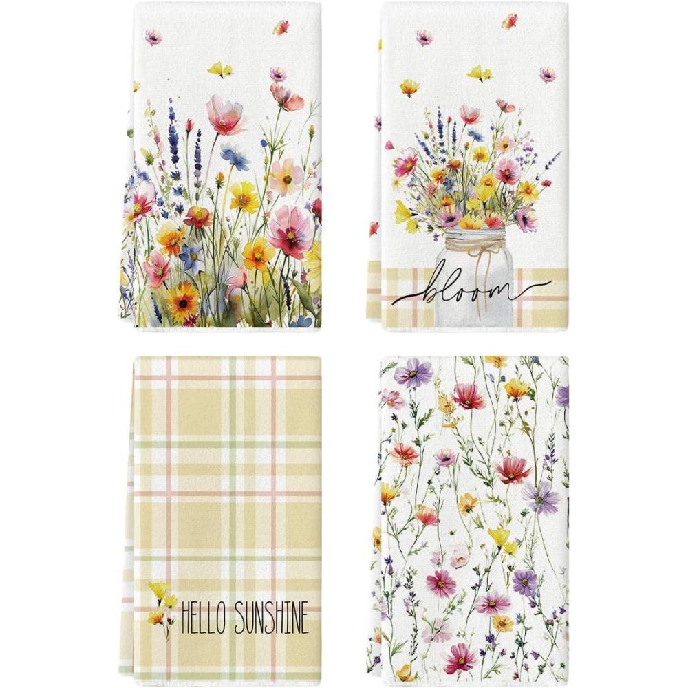 image:imageArtoid Mode Bloom Floral Hello Sunshine Spring Kitchen Towels Dish Towels 18x26 Inch Farmhouse Summer Decoration Cleaning Set of 4