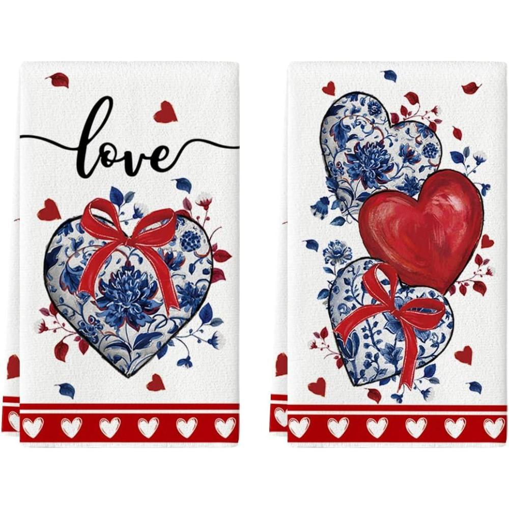 image:imageArtoid Mode Blue Porcelain Bowknot Love Heart Valentines Kitchen Towels Dish Towels 18x26 Inch Anniversary Wedding Decoration Cleaning Set of 2