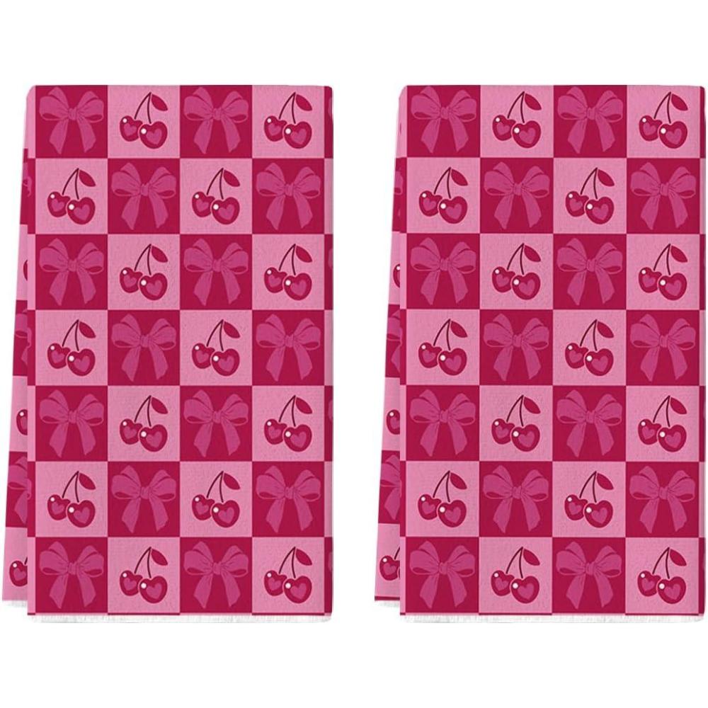 image:imageArtoid Mode Checkered Design Cherry Bowknot Valentines Kitchen Towels Dish Towels 18x26 Inch Anniversary Wedding Decoration Cleaning Set of 2
