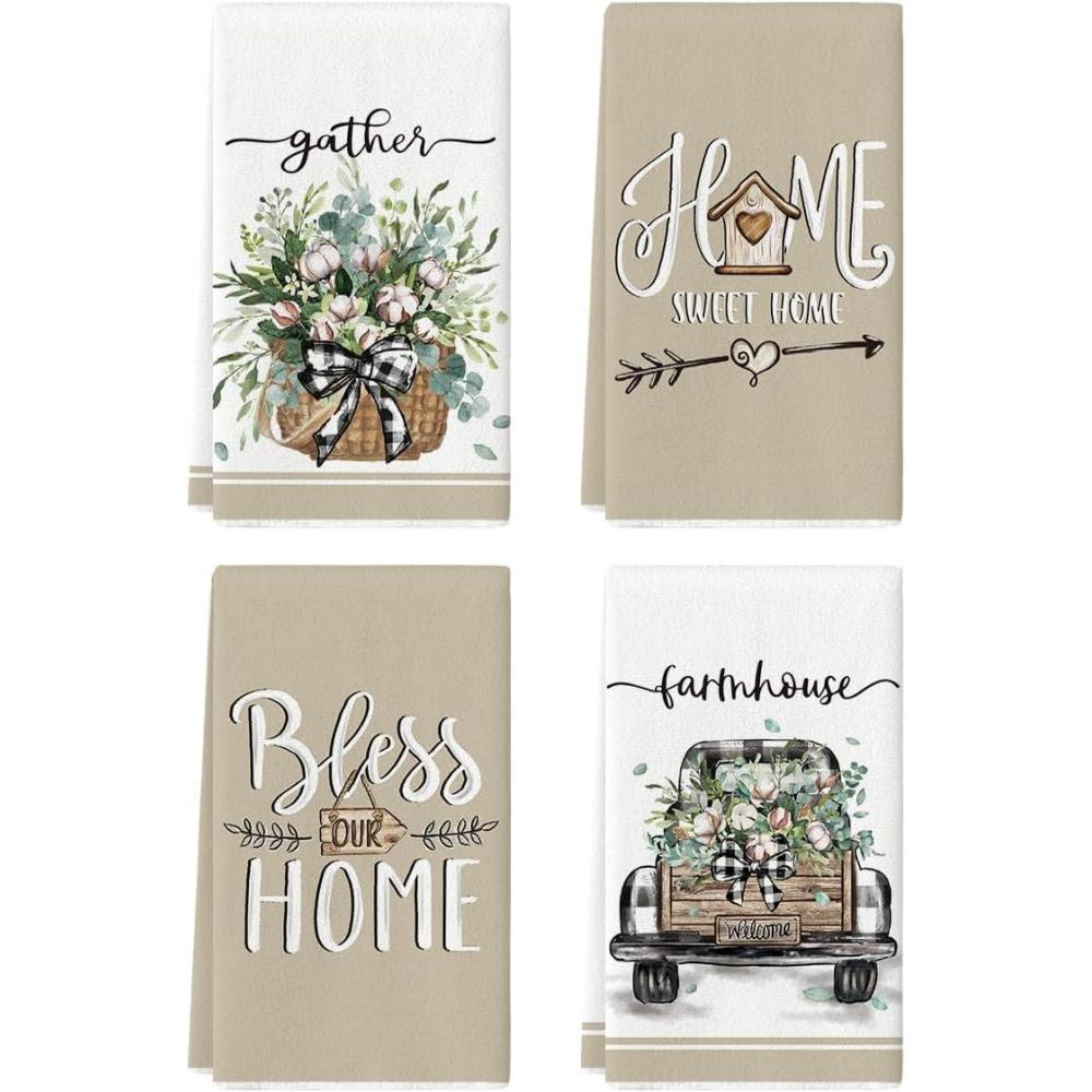 image:imageArtoid Mode Eucalyptus Truck Flowers Basket Spring Kitchen Towels Dish Towels 18x26 Inch Farmhouse Decoration Hand Towels Set of 4
