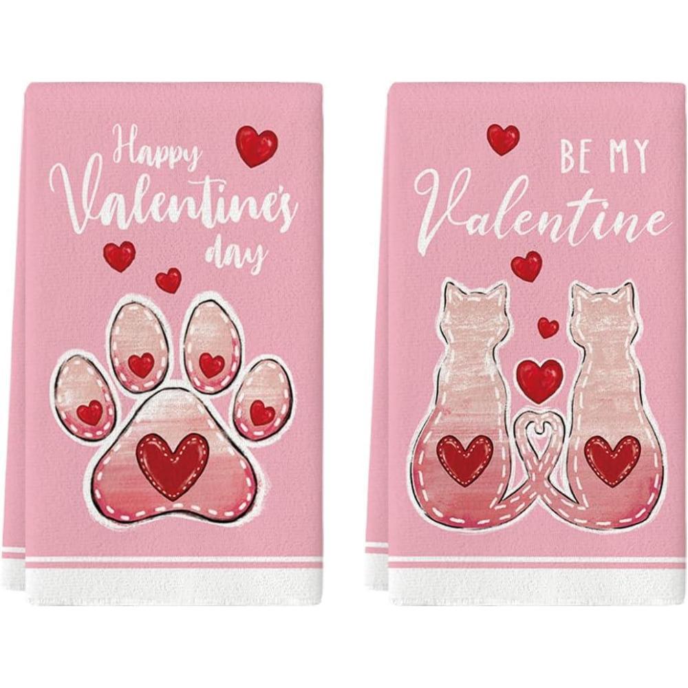 image:imageArtoid Mode Pink Cat Paw Print Love Heart Valentines Kitchen Towels Dish Towels 18x26 Inch Anniversary Wedding Decoration Cleaning Set of 2