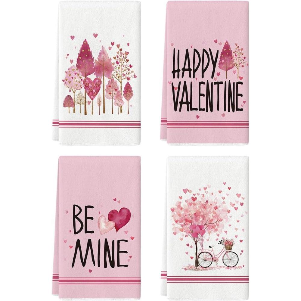 image:imageArtoid Mode Pink Love Heart Tree Bicycle Happy Valentines Kitchen Towels Dish Towels 18x26 Inch Anniversary Wedding Decoration Cleaning Set of 4