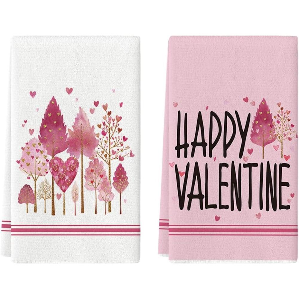 image:imageArtoid Mode Pink Love Heart Tree Happy Valentines Kitchen Towels Dish Towels 18x26 Inch Anniversary Wedding Decoration Cleaning Set of 2
