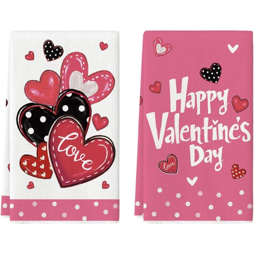 image:imageArtoid Mode Pink Polka Dot Love Heart Valentines Kitchen Towels Dish Towels 18x26 Inch Wedding Anniversary Decoration Cleaning Set of 2Pink