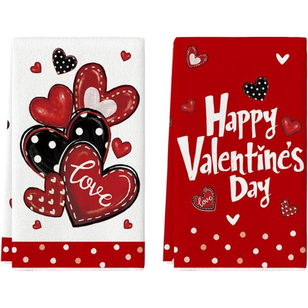 image:imageArtoid Mode Pink Polka Dot Love Heart Valentines Kitchen Towels Dish Towels 18x26 Inch Wedding Anniversary Decoration Cleaning Set of 2Red