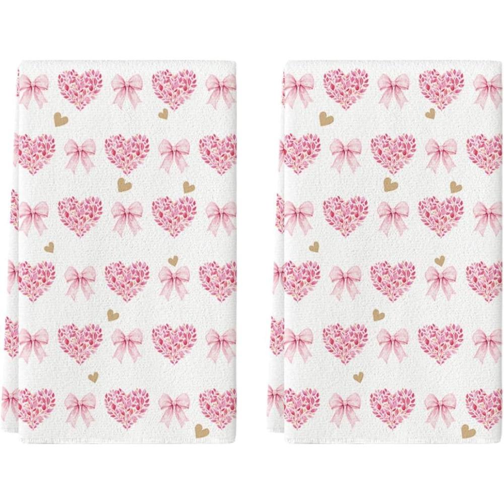 image:imageArtoid Mode Red Love Heart Bowknot Valentines Kitchen Towels Dish Towels 18x26 Inch Anniversary Wedding Decoration Cleaning Set of 2Pink