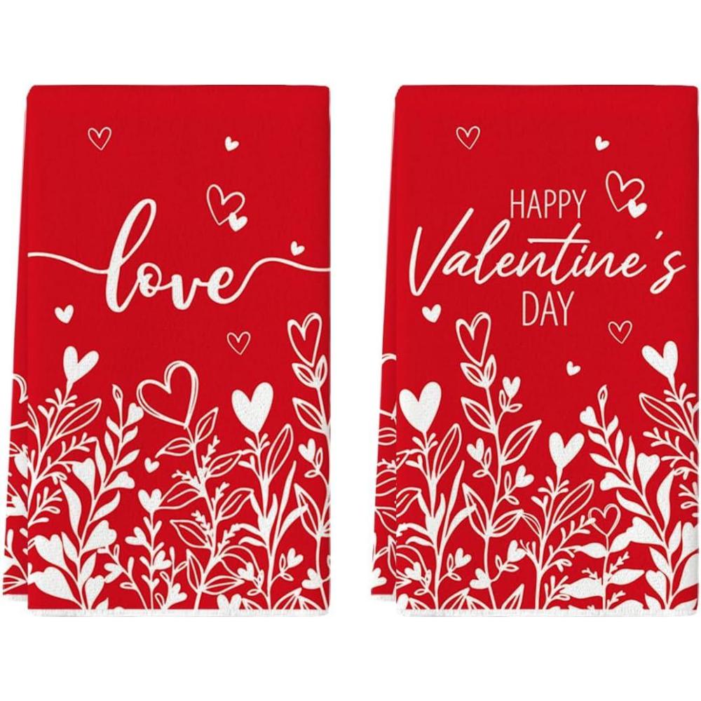 image:imageArtoid Mode Red Love Heart Floral Leaves Valentines Kitchen Towels Dish Towels 18x26 Inch Anniversary Wedding Decoration Cleaning Set of 2