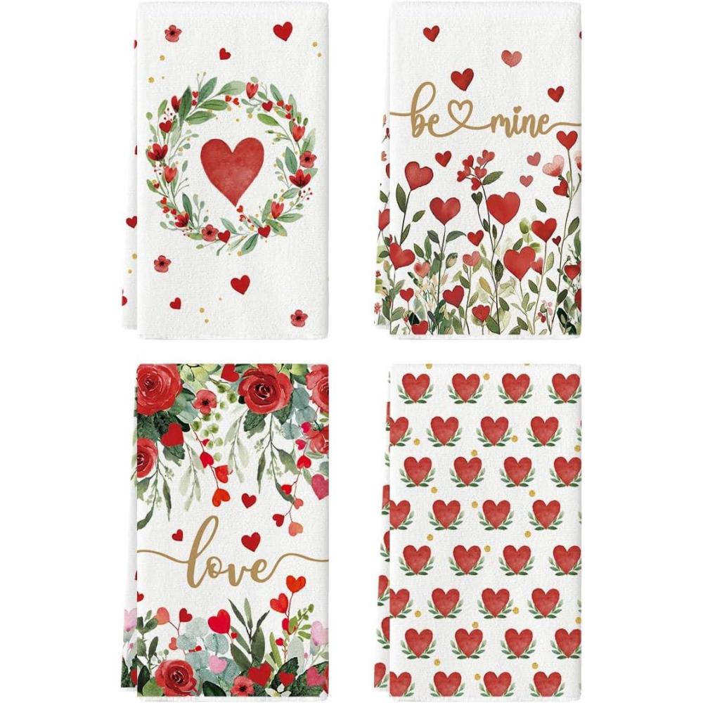 image:imageArtoid Mode Rose Floral Love Heart Garland Valentines Kitchen Towels Dish Towels 18x26 Inch Anniversary Wedding Decoration Cleaning Set of 4