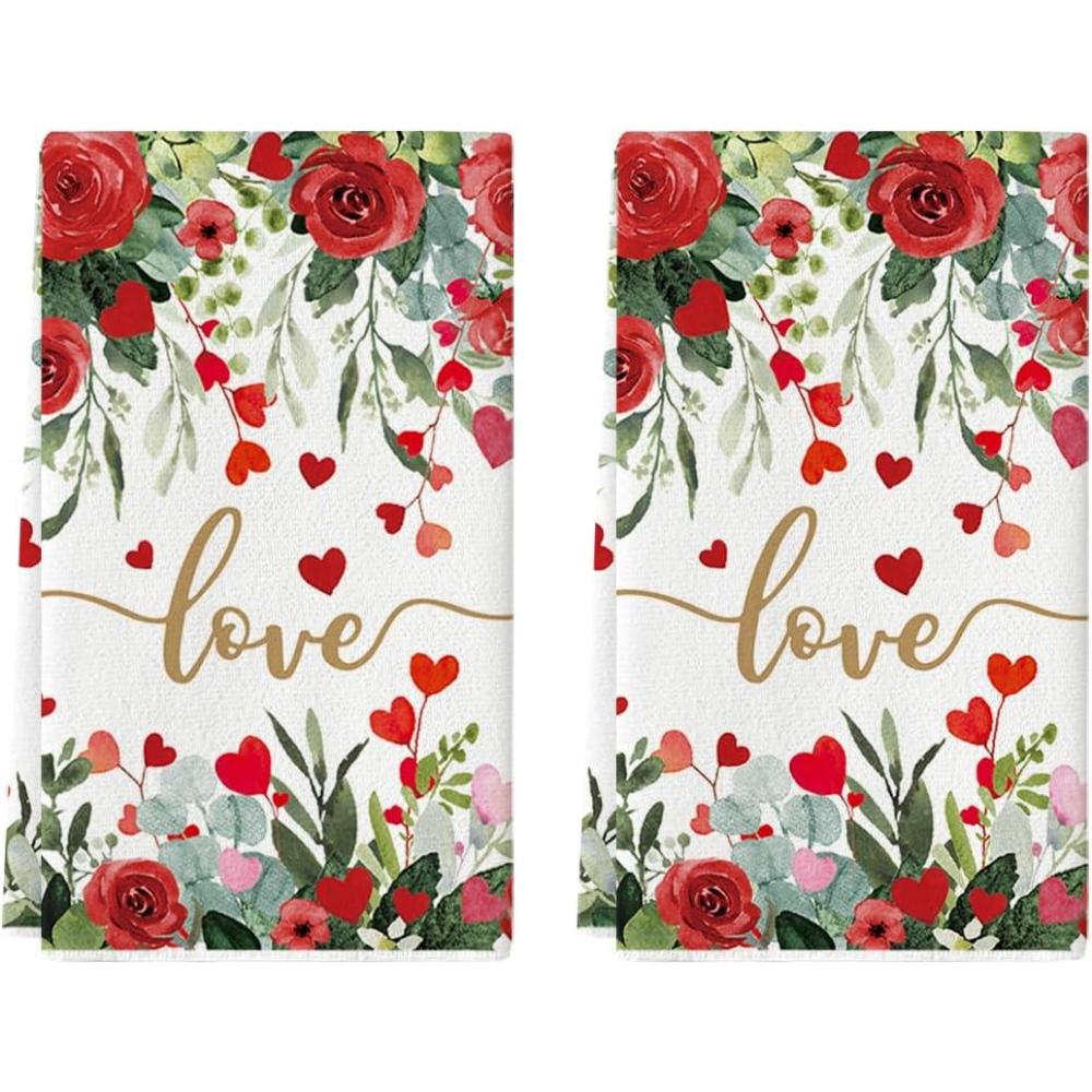 image:imageArtoid Mode Rose Floral Love Heart Valentines Kitchen Towels Dish Towels 18x26 Inch Anniversary Wedding Decoration Cleaning Set of 2