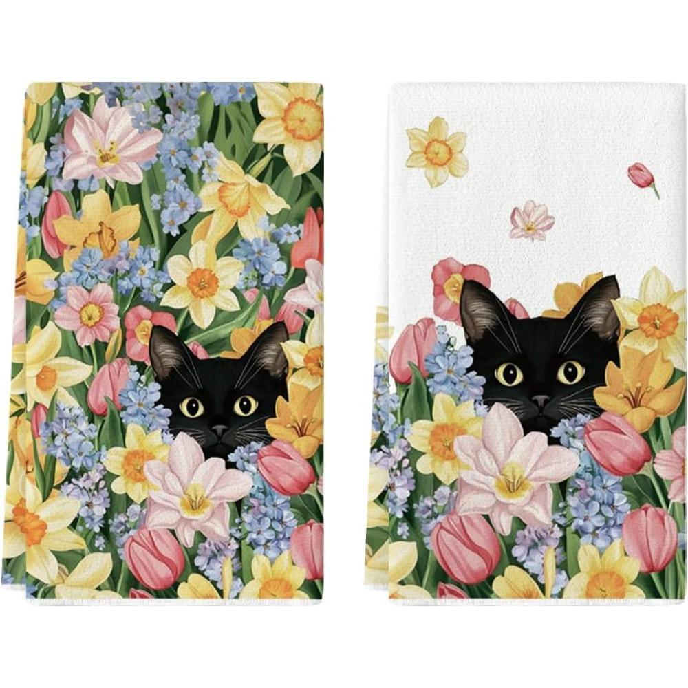 image:imageArtoid Mode Tulip Wild Flowers Black Cat Spring Kitchen Towels Dish Towels 18x26 Inch Farmhouse Floral Decoration Hand Towels Set of 2
