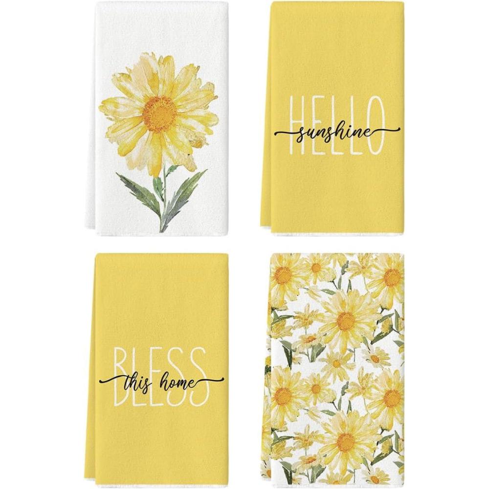 image:imageArtoid Mode Yellow Hello Sunshine Daisy Bless This Home Spring Kitchen Towels Dish Towels 18x26 Inch Seasonal Summer Decoration Hand Towels Set of 4