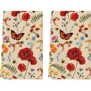 Artoid Mode Bee Butterfly Floral Spring Kitchen Towels Dish Towels, 18×26 Inch Farmhouse Summer Decoration Cleaning Set of 2