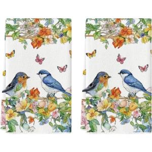 Artoid Mode Bird Butterfly Floral Spring Kitchen Towels Dish Towels, 18×26 Inch Farmhouse Summer Decoration Cleaning Set of 2