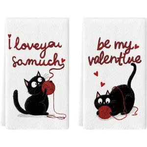 Artoid Mode Black Cats Ball Love Hearts Valentine’s Kitchen Towels Dish Towels, 18×26 Inch Anniversary Wedding Decoration Cleaning Set of 2