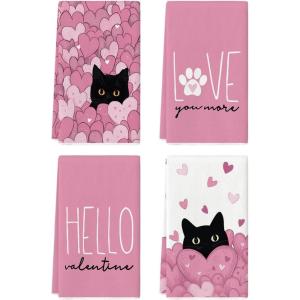 Artoid Mode Black Cats Pink Hearts Paw Print Valentine’s Kitchen Towels Dish Towels, 18×26 Inch Anniversary Wedding Decoration Cleaning Set of 4(Pink)