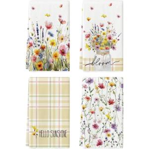 Artoid Mode Bloom Floral Hello Sunshine Spring Kitchen Towels Dish Towels, 18×26 Inch Farmhouse Summer Decoration Cleaning Set of 4
