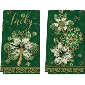 Artoid Mode Brown Lace Clover Shamrock St.Patrick’s Day Kitchen Dish Towels, 18×26 Inch Farmhouse Holiday Spring Decoration Cleaning Set of 2(Dark Green)