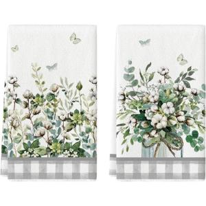 Artoid Mode Buffalo Plaid Butterfly Vase Spring Kitchen Towels Dish Towels, 18×26 Inch Farmhouse Summer Decoration Cleaning Set of 2