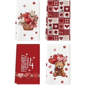 Artoid Mode Checkered Design Rose Basket Love Heart Bear Valentine’s Kitchen Towels Dish Towels, 18×26 Inch Wedding Decoration Cleaning Set of 4