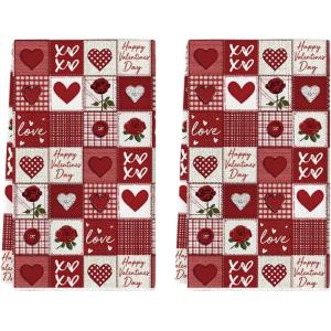 Artoid Mode Checkered Design Rose Love Heart Valentine’s Kitchen Towels Dish Towels, 18×26 Inch Anniversary Wedding Decoration Cleaning Set of 2