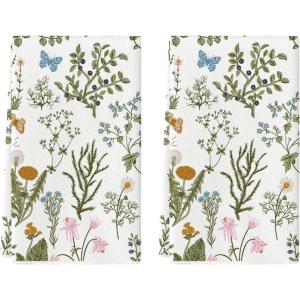 Artoid Mode Daisy Floral Butterfly Spring Kitchen Towels Dish Towels, 18×26 Inch Farmhouse Summer Decoration Cleaning Set of 2(Beige)