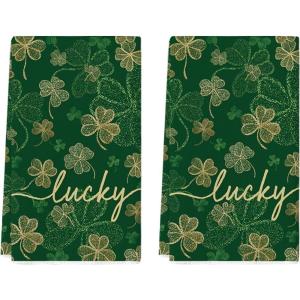 Artoid Mode Dark Green Lucky Clover Shamrock St.Patrick’s Day Kitchen Dish Towels, 18×26 Inch Farmhouse Holiday Spring Decoration Cleaning Set of 2