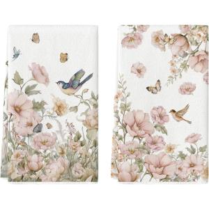 Artoid Mode Floral Bird Butterfly Spring Kitchen Towels Dish Towels, 18×26 Inch Farmhouse Summer Decoration Cleaning Set of 2