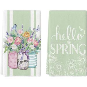 Artoid Mode Floral Bloom Vase Hello Spring Kitchen Towels Dish Towels, 18×26 Inch Seasonal Summer Decoration Hand Towels Set of 2