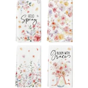 Artoid Mode Floral Vase Bow Tie Hello Spring Kitchen Towels Dish Towels, 18×26 Inch Farmhouse Summer Decoration Cleaning Set of 4
