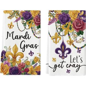 Artoid Mode Florals Iris Get Cary Mardi Gras Kitchen Towels Dish Towels, 18×26 Inch Farmhouse Decoration Cleaning Set of 2