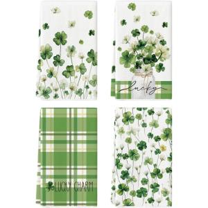 Artoid Mode Lucky Shamrock Florals Vase Stripes St. Patrick’s Day Kitchen Towels Dish Towels, 18×26 Inch Farmhouse Spring Decoration Cleaning Set of 4