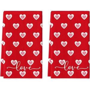 Artoid Mode Pink Candy Floss Love Heart Valentine’s Kitchen Towels Dish Towels, 18×26 Inch Anniversary Wedding Decoration Cleaning Set of 2(Red)