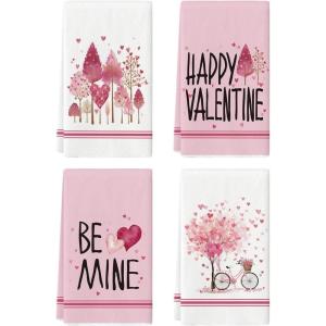 Artoid Mode Pink Love Heart Tree Bicycle Happy Valentine’s Kitchen Towels Dish Towels, 18×26 Inch Anniversary Wedding Decoration Cleaning Set of 4