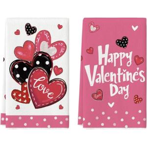 Artoid Mode Pink Polka Dot Love Heart Valentine’s Kitchen Towels Dish Towels, 18×26 Inch Wedding Anniversary Decoration Cleaning Set of 2(Pink)