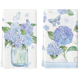 Artoid Mode Purple Hydrangea Vase Butterfly Spring Kitchen Towels Dish Towels, 18×26 Inch Summer Flowers Holiday Decoration Cleaning Set of 2(Blue)