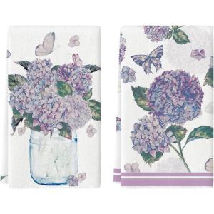 Artoid Mode Purple Hydrangea Vase Butterfly Spring Kitchen Towels Dish Towels, 18×26 Inch Summer Flowers Holiday Decoration Cleaning Set of 2(Purple)