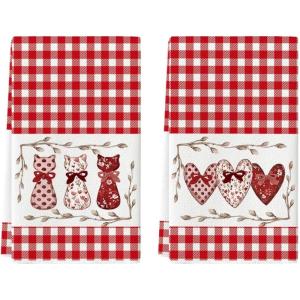 Artoid Mode Red Buffalo Plaid Love Heart Cat Valentine’s Kitchen Towels Dish Towels, 18×26 Inch Anniversary Wedding Decoration Cleaning Set of 2