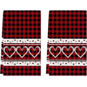 Artoid Mode Red Buffalo Plaid Love Heart Valentine’s Kitchen Towels Dish Towels, 18×26 Inch Wedding Anniversary Decoration Cleaning Set of 2