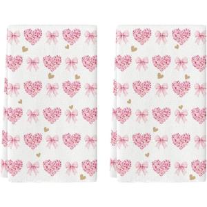 Artoid Mode Red Love Heart Bowknot Valentine’s Kitchen Towels Dish Towels, 18×26 Inch Anniversary Wedding Decoration Cleaning Set of 2(Pink)