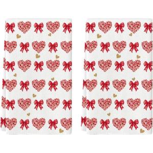 Artoid Mode Red Love Heart Bowknot Valentine’s Kitchen Towels Dish Towels, 18×26 Inch Anniversary Wedding Decoration Cleaning Set of 2(Red)