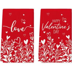 Artoid Mode Red Love Heart Floral Leaves Valentine’s Kitchen Towels Dish Towels, 18×26 Inch Anniversary Wedding Decoration Cleaning Set of 2