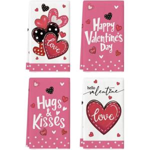 Artoid Mode Red Polka Dot Love Heart Valentine’s Kitchen Towels Dish Towels, 18×26 Inch Anniversary Wedding Decoration Cleaning Set of 4(Pink)